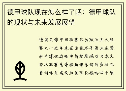 德甲球队现在怎么样了吧：德甲球队的现状与未来发展展望
