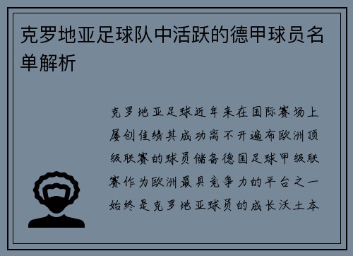 克罗地亚足球队中活跃的德甲球员名单解析